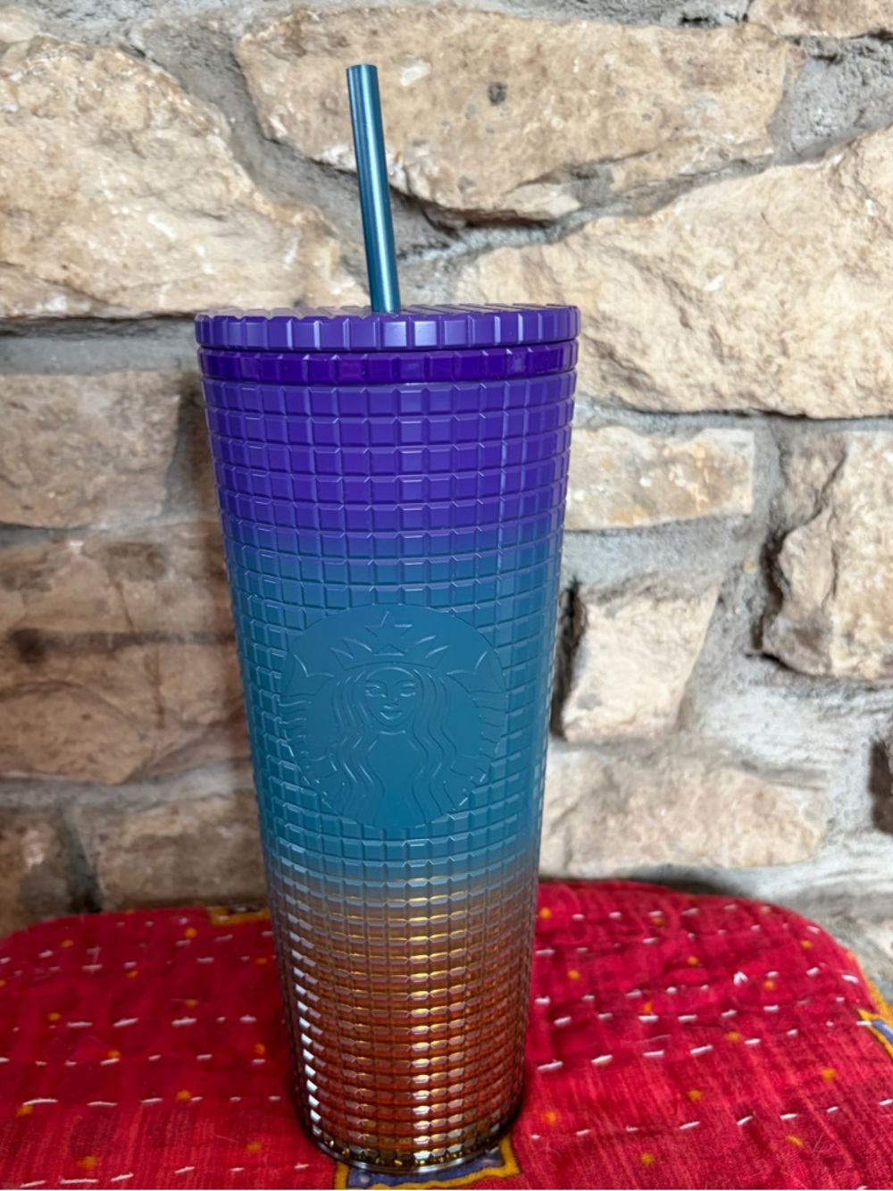 STARBUCKS Mardi Gras Purple Teal Gold Tumbler w Straw 24 oz / 709 mL NWT